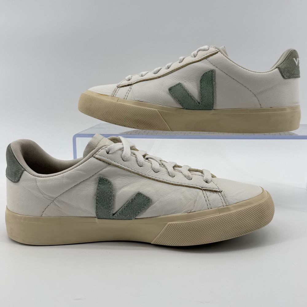 Veja Campo Sneakers Women's 8 White Sage Green Leather Suede Low Top Lace Up - Picture 3 of 9